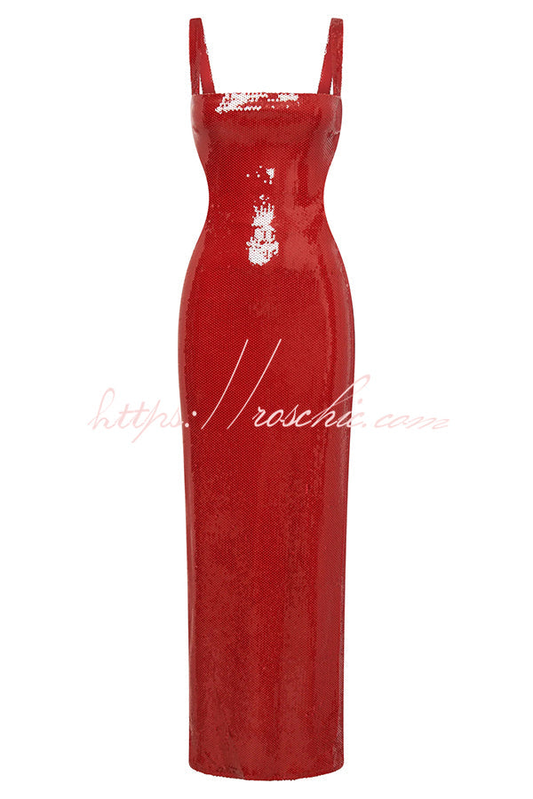 Sequin Backless Maxi Dress – Wide Strap Cutout Waist