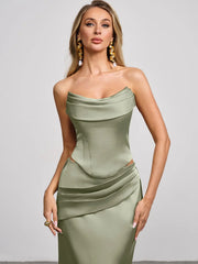 AZAZIE Sorrel Wedding Guest Gown for Women, 2-Piece Luminous Satin Mermaid Dress with Cowl Neck, Lace-up Corset Top & Chiffon Scarf, Gowns