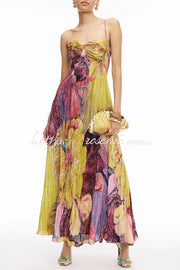 Floral Print Sweetheart Neck Sleeveless Pleated Maxi Dress