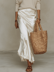 Ivory Knit & Satin Midi Skirt Set