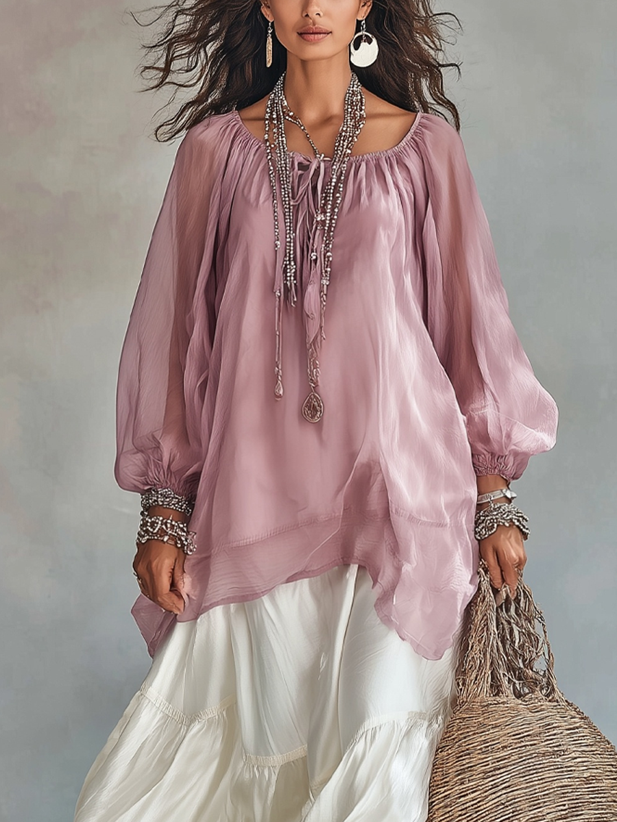 Bohemian Chiffon Top and Satin Midi Skirt Set