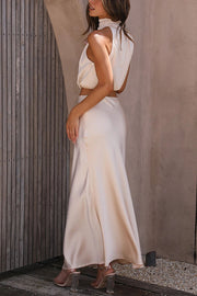 Satin High Neck Maxi Skirt Set – Sleeveless Drape Two-Piece