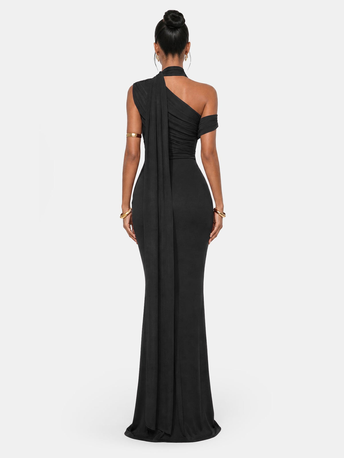 One Shoulder Formal Evening Gown with Built-In Bra, Ruched Mesh