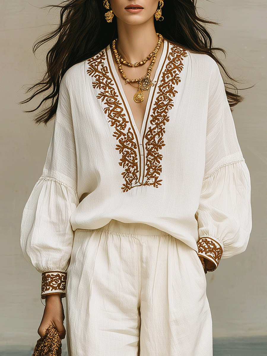 Linen Embroidery Wide-Leg Pants Set | Vacation Two-Piece