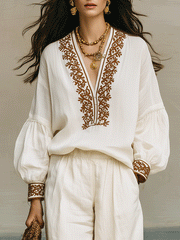 Linen Embroidery Wide-Leg Pants Set | Vacation Two-Piece