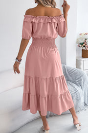 Robe midi plissée à épaules dénudées – Style vacances décontracté