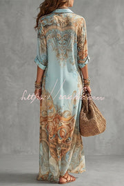 Boho Vintage Print Button-Down Maxi Shirt Dress