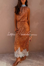Fawn Print Satin Tank Top with Lace Trim, Loose V-Neck
