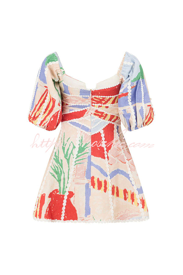 Linen Blend Puff Sleeve Mini Dress with Ric Rac Trims