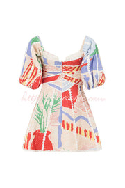 Linen Blend Puff Sleeve Mini Dress with Ric Rac Trims