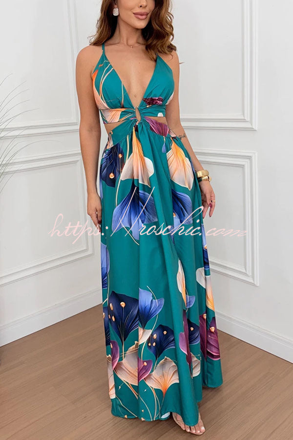 Floral Print Cutout Waist Open Back Lace-Up Slit Maxi Dress