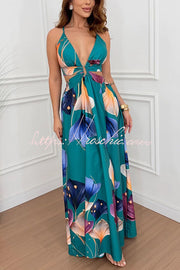 Floral Print Cutout Waist Open Back Lace-Up Slit Maxi Dress