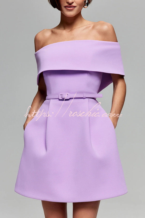 Off-the-Shoulder Mini Dress with Pockets & Removable Belt