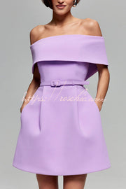 Off-the-Shoulder Mini Dress with Pockets & Removable Belt