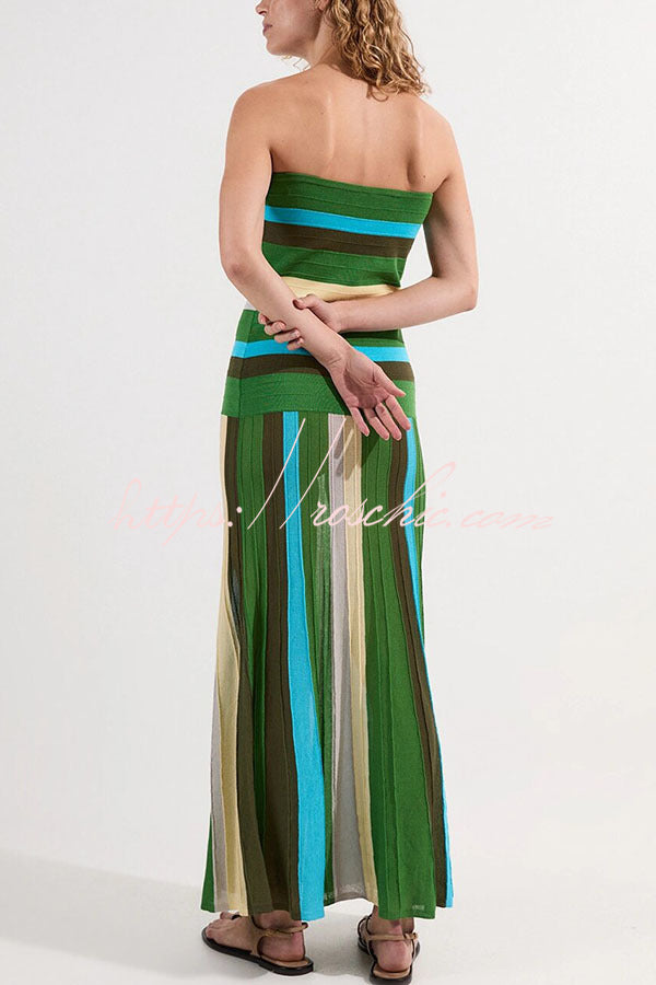 Color-Block Striped Off Shoulder Knit Maxi Dress