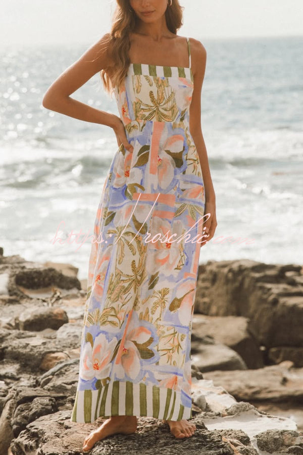 Printed Square Neck Spaghetti Strap Casual Maxi Dress