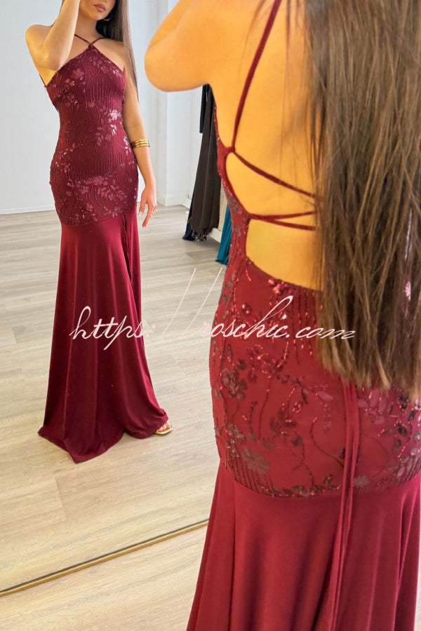 Sequin Halter Neck Slim-Fit Slit Maxi Dress