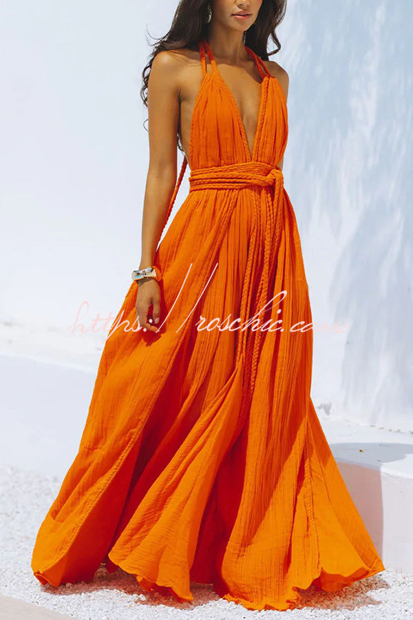 Linen Blend Halter Maxi Dress – Deep V Backless Cover Up