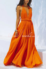 Linen Blend Halter Maxi Dress – Deep V Backless Cover Up