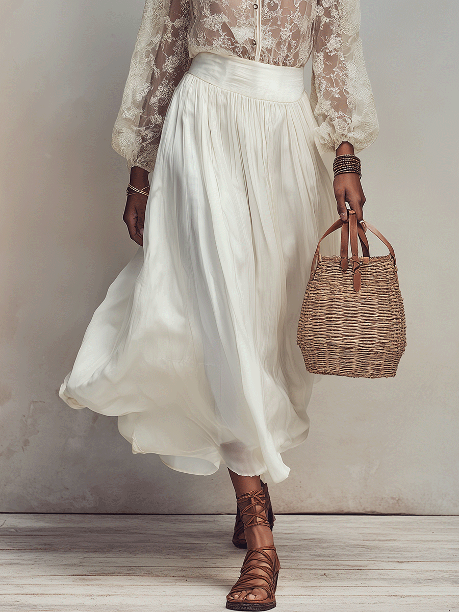 Cream White Chiffon Skirt Set | Romantic Vacation Two-Piece
