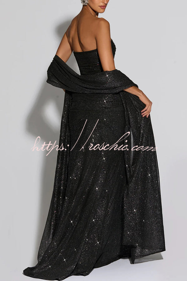 Sequined Mesh Off Shoulder Ruched Maxi Dress for Parties