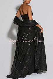 Sequined Mesh Off Shoulder Ruched Maxi Dress for Parties