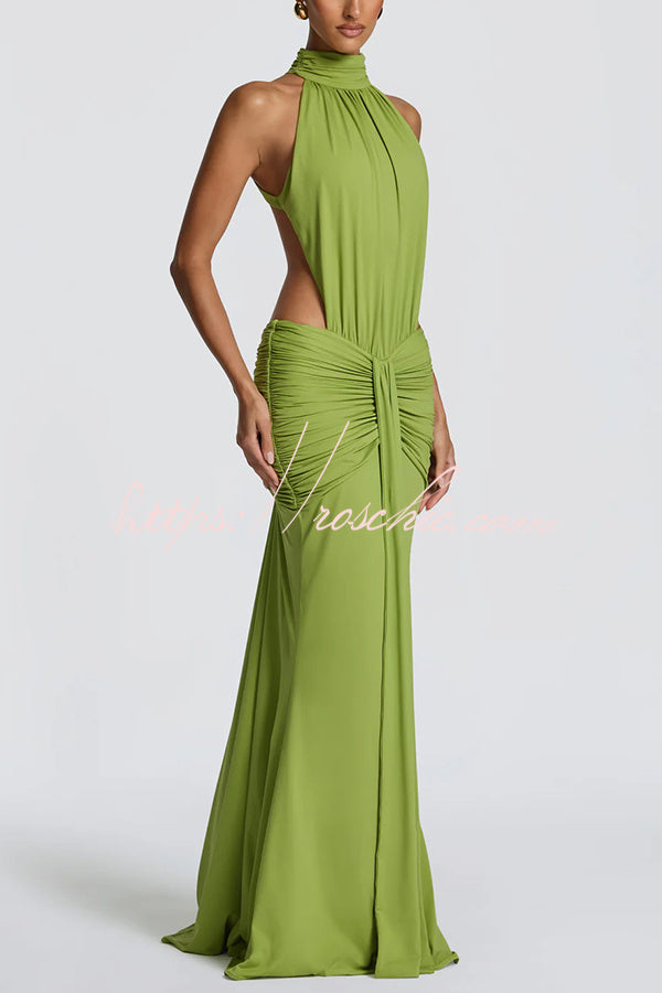 Stretch Slinky Jersey High Neck Ruched Backless Maxi Dress