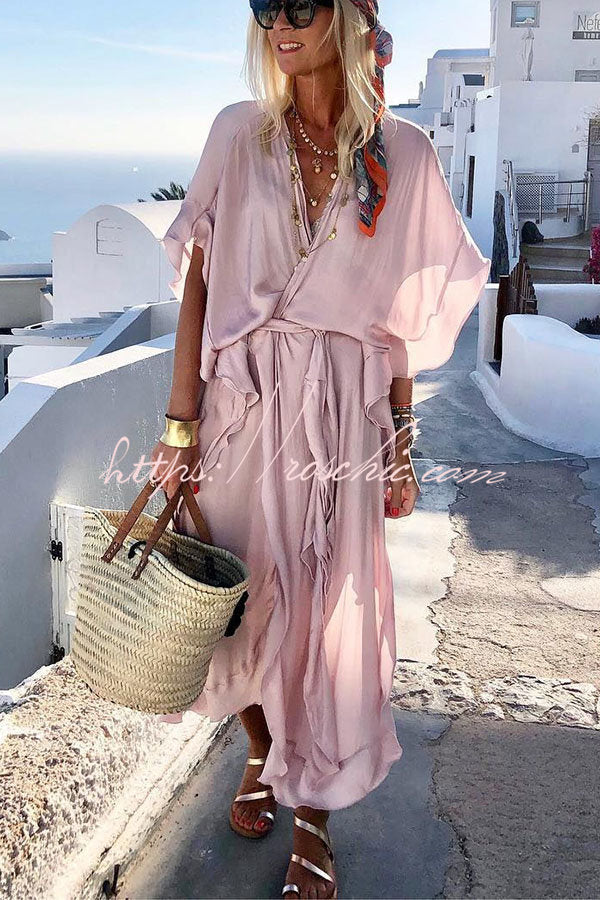 Belted Kimono Maxi Dress with Batwing Sleeves – Vacation Wear