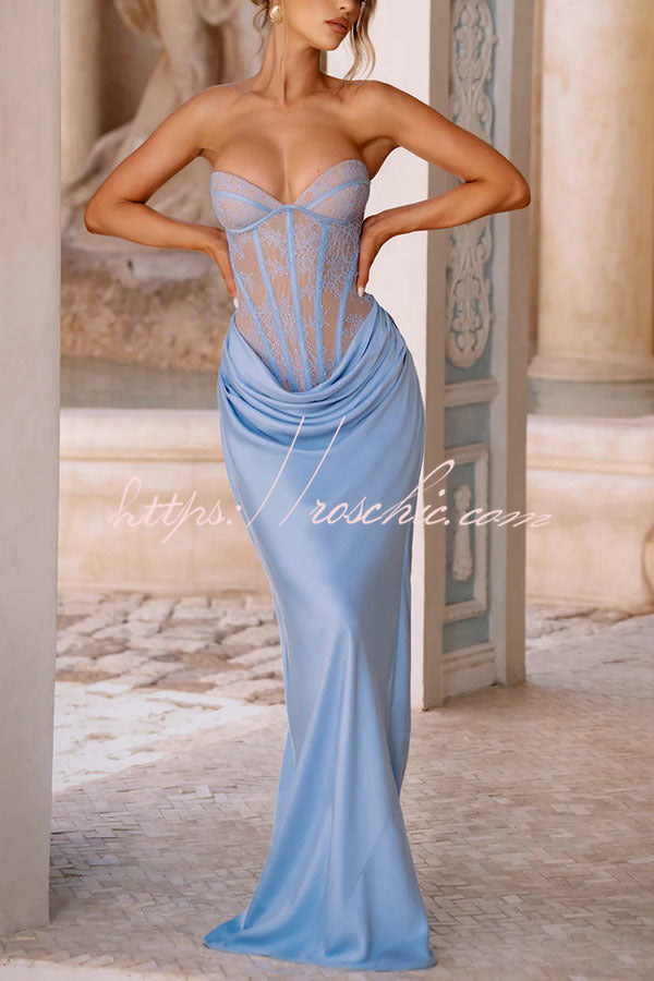 Floral Lace Strapless Maxi Dress with Lace-Up Back