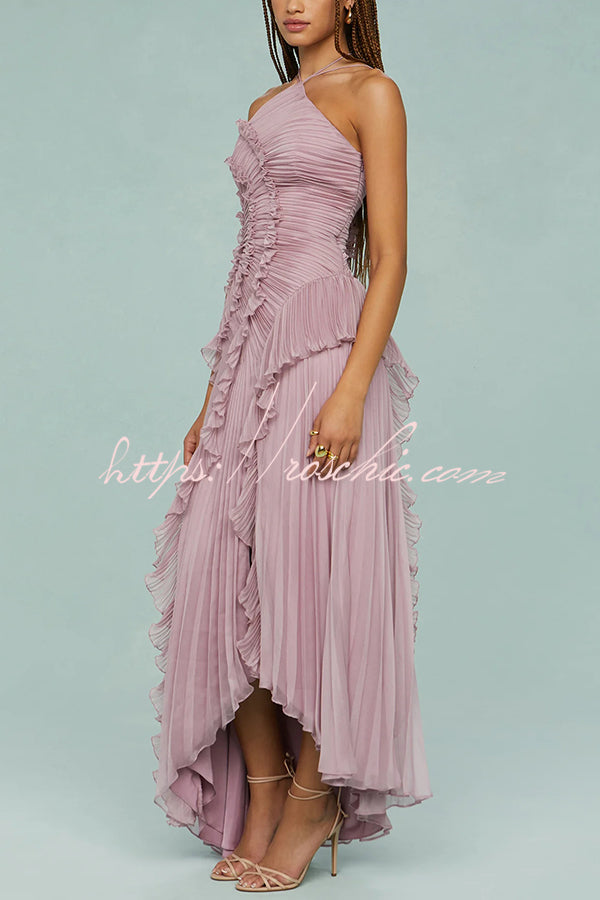 Robe longue dos nu plissée à volants – Robe de soirée asymétrique