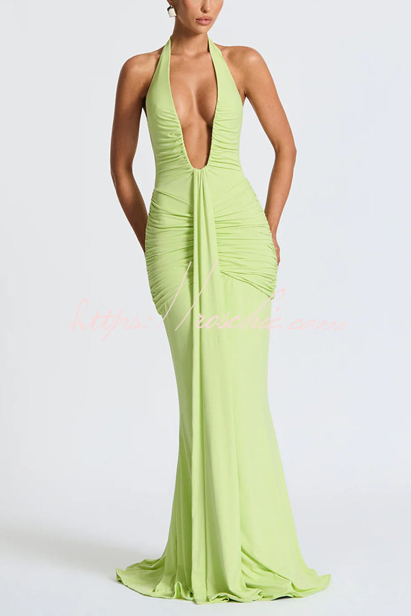 Halter V-Neck Open Back Maxi Dress – Solid Color Slim Fit
