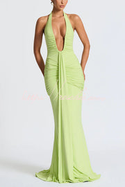 Halter V-Neck Open Back Maxi Dress – Solid Color Slim Fit