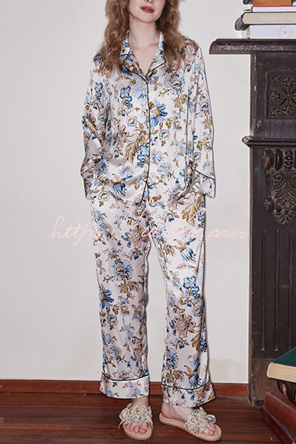 White Begonia Printed Long Sleeve Two-Piece Set