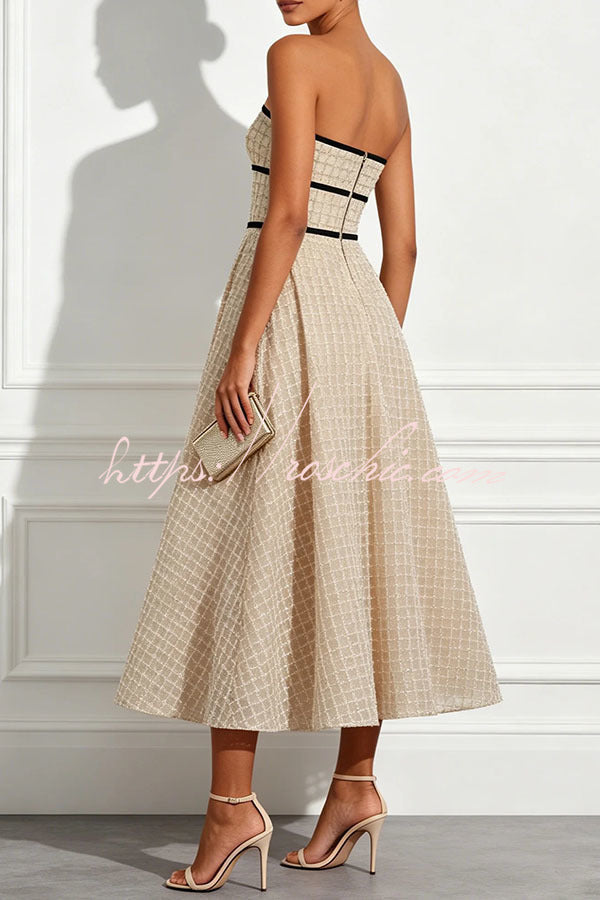 Sequin & Plaid Patchwork Strapless Midi Dress