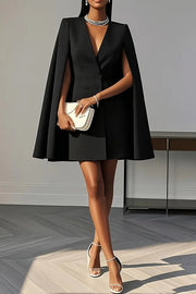 V-Neck Double Breasted Cape Mini Dress – Office Formal