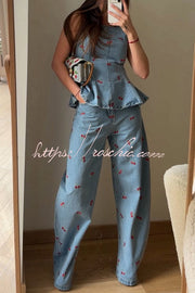 Denim Cherry Print Flare Vest Top | Sleeveless Casual