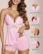 Lace-Trim Cami & Shorts Pajama Set – Silky Sleepwear