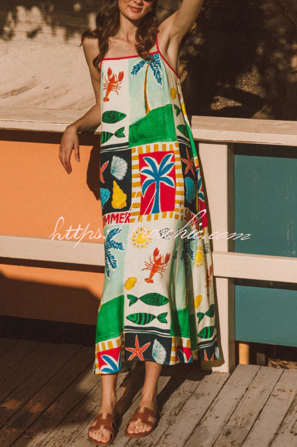 Printed Square Neck Sleeveless Maxi Dress with Pockets