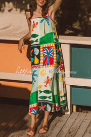 Printed Square Neck Sleeveless Maxi Dress with Pockets