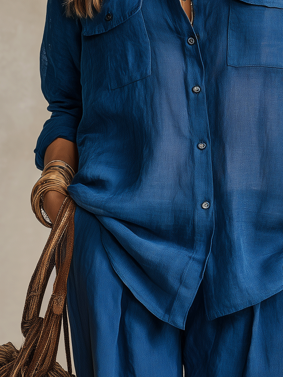 Indigo Linen Button-Down Shirt – Relaxed Long Sleeve Blouse