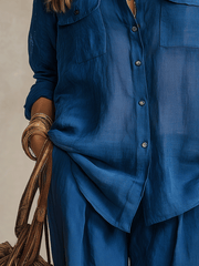 Indigo Linen Button-Down Shirt – Relaxed Long Sleeve Blouse