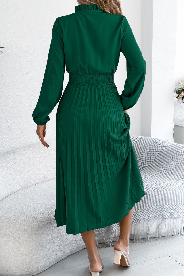 Women's Long Sleeve Pleated Midi Dress – Fitted Waist