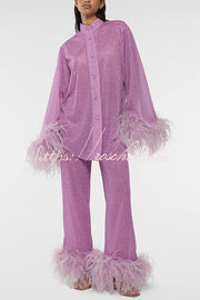 Glitter Feather Trim Two-Piece Lounge Set – Long Sleeve & Pants