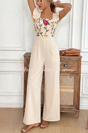 Floral Embroidered Ruffle Trim Sleeveless Jumpsuit