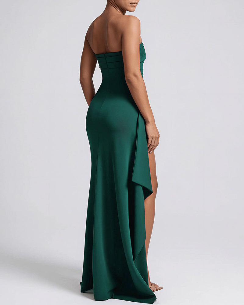 Strapless Ruched High-Slit Gown Dress