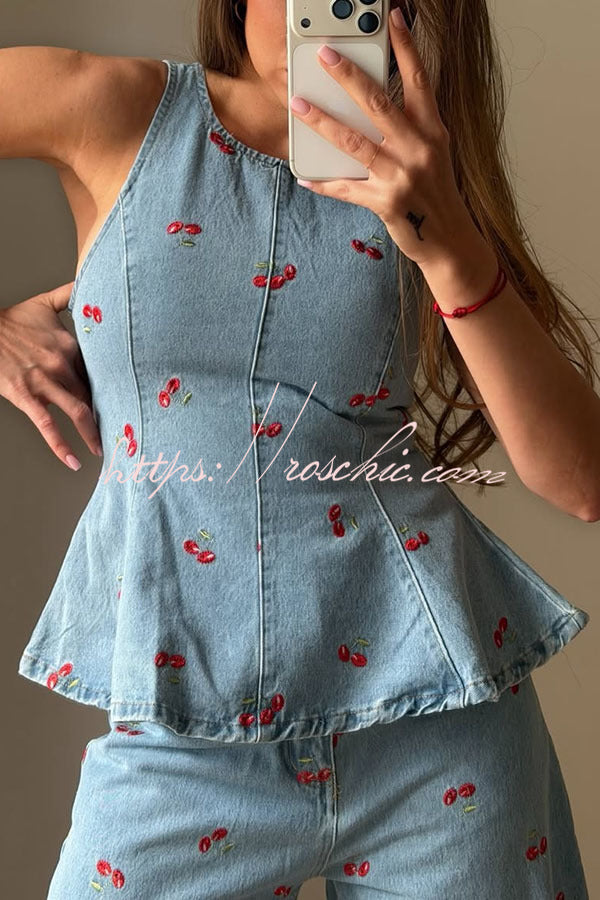 Denim Cherry Print Flare Vest Top | Sleeveless Casual