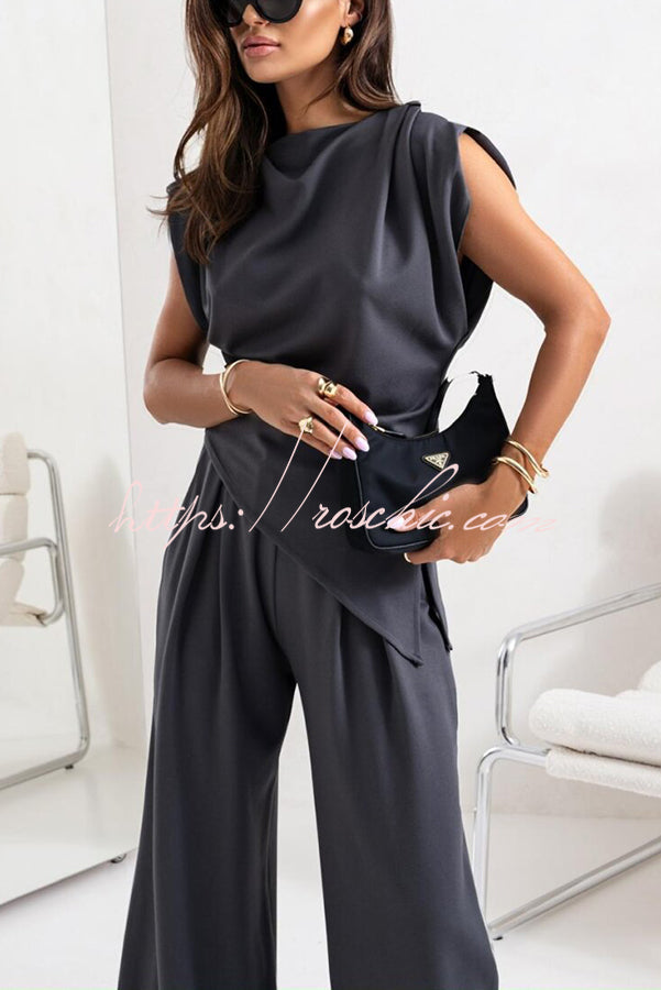 Ruched Shoulder Wide Leg Pants Set with Pockets