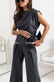 Ruched Shoulder Wide Leg Pants Set with Pockets