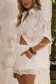 Sheer Lace Loose Shirt & Elastic Waist Shorts Set
