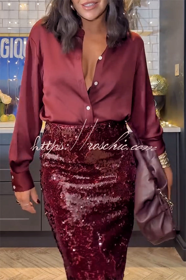 Satin Button-Up Blouse | Long Sleeve Loose Party Top